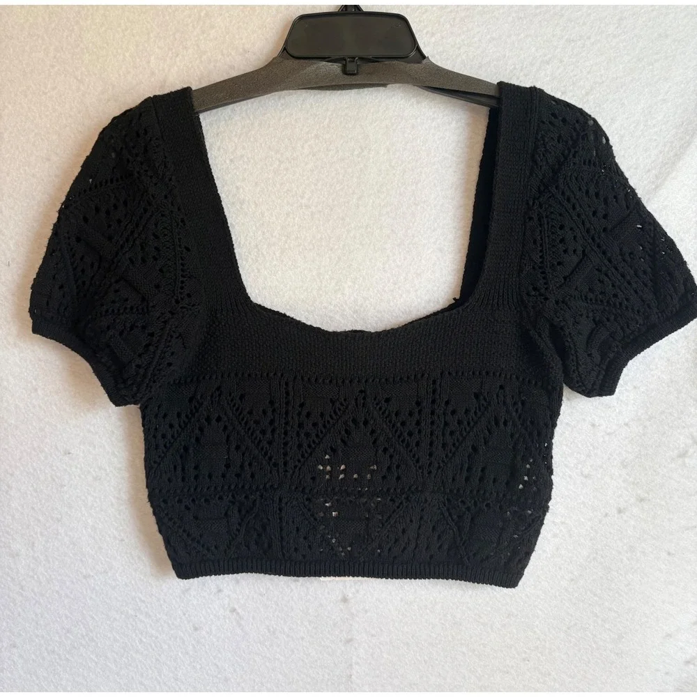 Zara Black Pointelle Knit Crop Top Square Neck Short Puff Sleeve NWT Size M